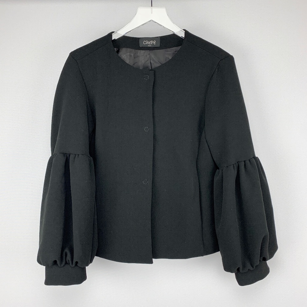 CHEPÉ Italy Black Lantern Sleeve Collarless Button Front Jacket Medium